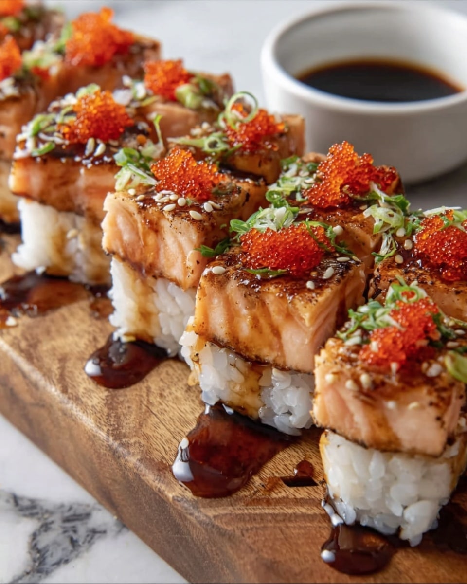 The image shows a row of sushi pieces arranged closely on a wooden board over a white marbled surface. Each piece has two main layers: a bottom layer of sticky white rice and a top layer of grilled salmon with a light brown crust. The salmon is topped with small piles of bright red fish roe, finely chopped green onions, and sprinkled white sesame seeds. A dark brown sauce is drizzled over and around the sushi, adding shine and extra contrast. In the background, a white bowl filled with dark soy sauce is partially visible. photo taken with an iphone --ar 4:5 --v 7