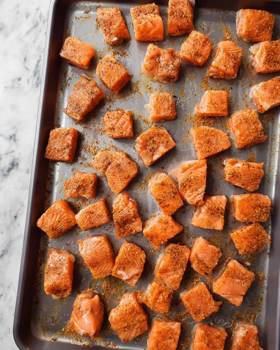 The image shows a gray metal baking tray filled with many small, square pieces of salmon, each seasoned with a light orange spice mix. The salmon pieces have a moist texture with some slight browning on the edges, spread out evenly across the tray with small gaps between them. The background is a white marbled surface. photo taken with an iphone --ar 4:5 --v 7