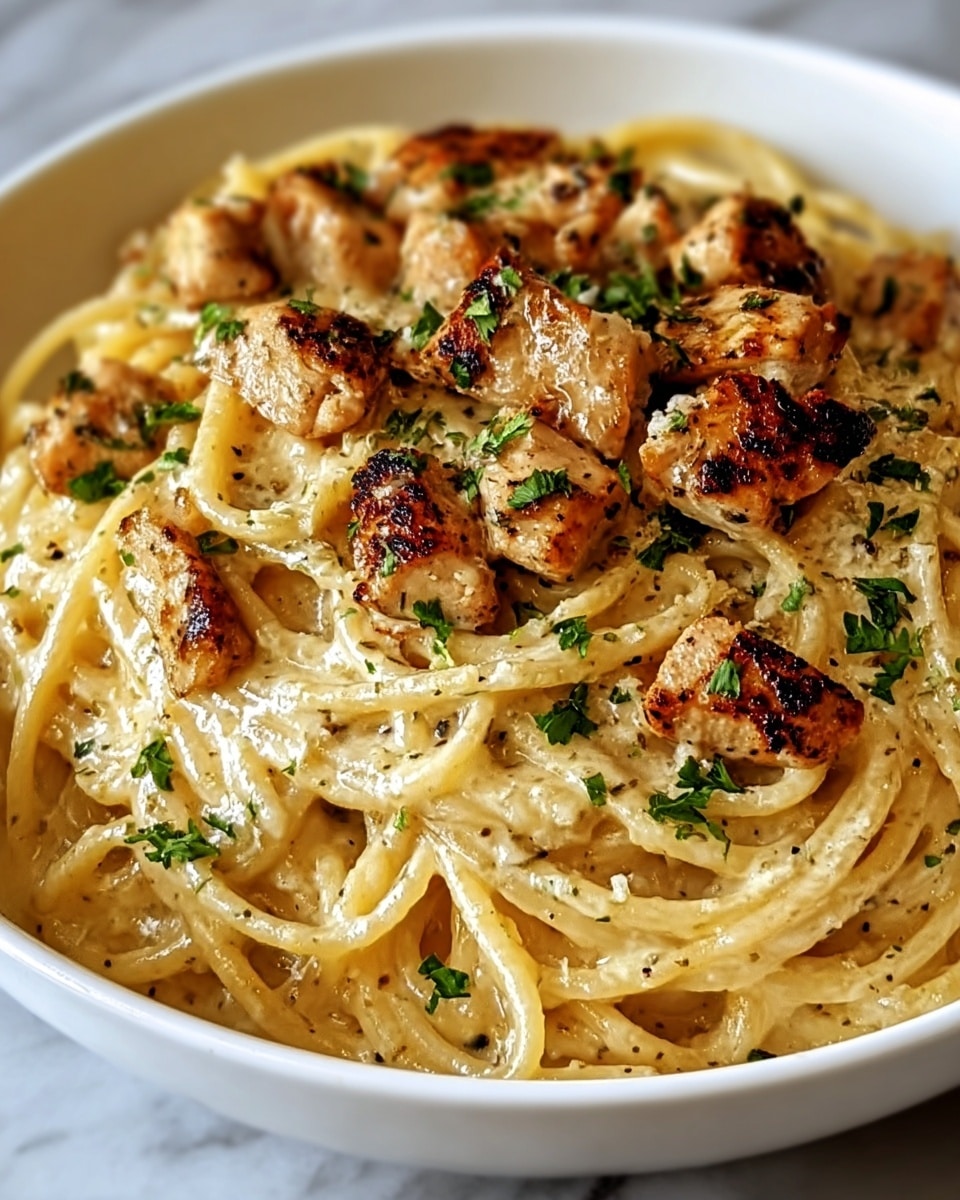 A white bowl contains a creamy pasta dish with two visible layers. The bottom layer is spaghetti noodles coated in a thick, pale yellow sauce with a smooth texture, evenly spread throughout the bowl. The top layer shows small, browned pieces of chicken scattered over the pasta, with a charred surface giving a slightly crispy look. Small green parsley leaves are sprinkled over the chicken and pasta for color contrast. The bowl sits on a white marbled surface. Photo taken with an iphone --ar 4:5 --v 7
