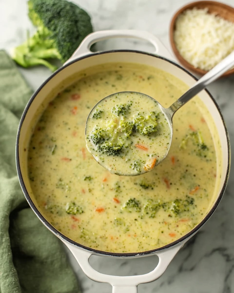 A creamy broccoli soup served in a white pot with two handles is shown from above, with a ladle lifting a portion of the thick soup filled with small bright green broccoli pieces and tiny orange carrot bits. The soup is light yellow-green with a smooth, slightly chunky texture. The pot sits on a white marbled surface, and in the background, there is a piece of broccoli and a white bowl with cottage cheese or a similar white ingredient visible. A green cloth is partially visible beside the pot. photo taken with an iphone --ar 4:5 --v 7