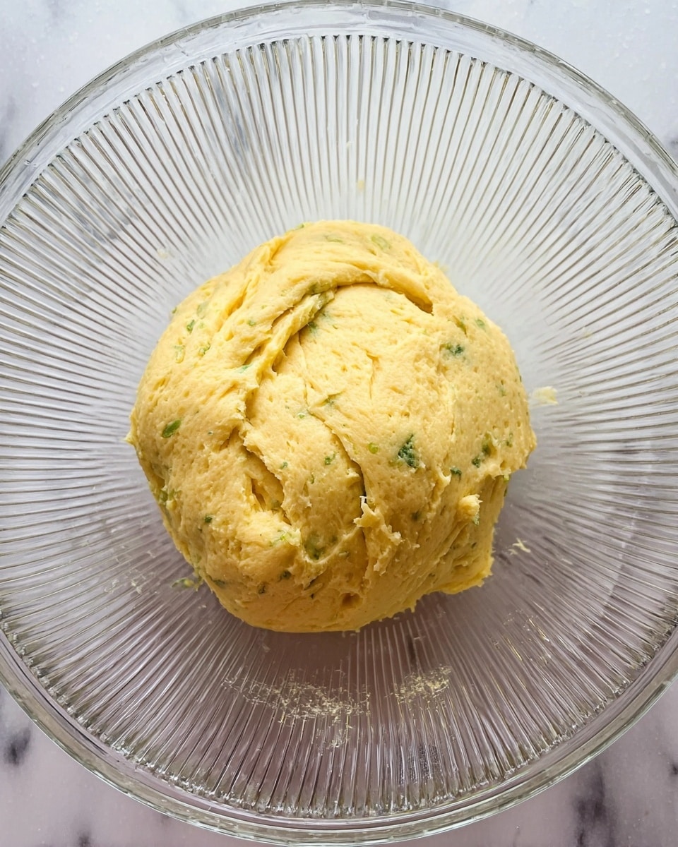 The image shows a single round ball of yellow dough with small green flecks mixed in. It sits in the middle of a clear glass bowl with ribbed lines circling around the dough. The dough looks soft and slightly sticky with a few folds and creases on the top surface. The bowl is placed on a white marbled surface with soft natural light shining down. photo taken with an iphone --ar 4:5 --v 7