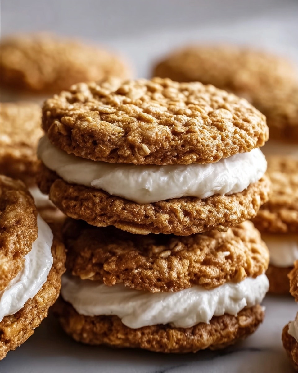 The image shows a close-up of oat cookies with two layers each. The top and bottom layers are rough-textured golden-brown oat cookies with visible oats on the surface. Between these two cookie layers is a thick middle layer of smooth, white cream filling, slightly bulging out from the edges. The cookies have a crumbly and dense look, stacked closely together on a white marbled background. The focus is on one cookie sandwich in the center, with others blurred in the background, creating depth. photo taken with an iphone --ar 4:5 --v 7
