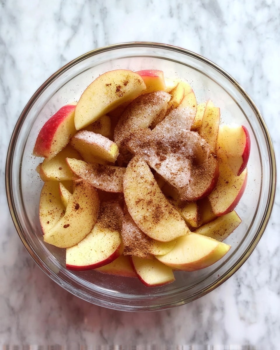 A clear glass bowl filled with many apple slices that have red and yellow skin, sprinkled lightly with white sugar and brown cinnamon powder across the top, giving a mixed texture of smooth fruit skin and fine powder; the bowl sits on a white marbled surface. photo taken with an iphone --ar 4:5 --v 7