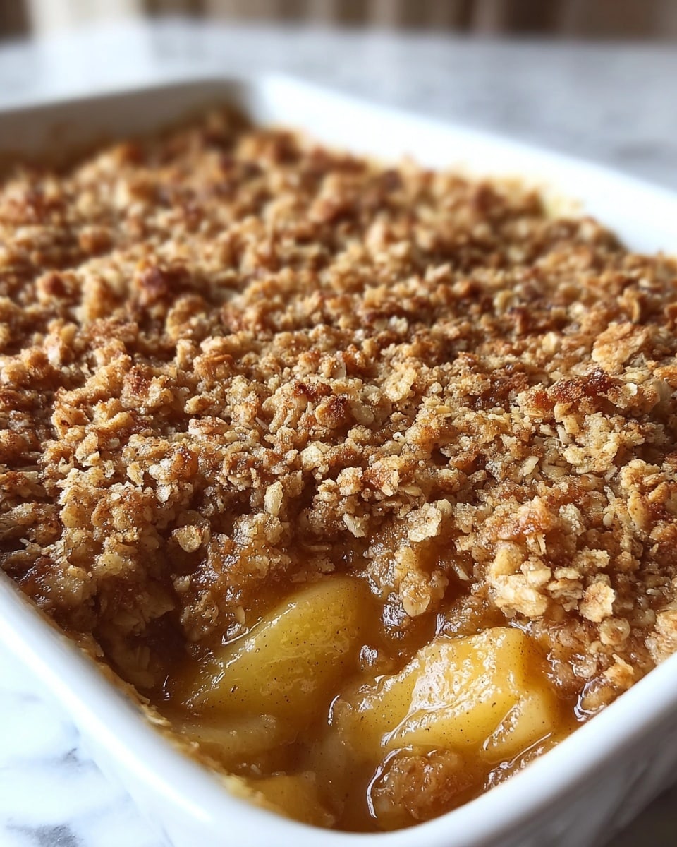 The image shows a close-up of a baked apple crumble in a white rectangular dish. The dish has two visible layers: the bottom layer is soft, golden apple slices cooked in a syrupy, slightly translucent sauce, and the top layer is a thick, crumbly topping made of oats and brown sugar, baked to a golden-brown color with a rough, crunchy texture. The background is a white marbled surface with blurry, warm tones in the distance. photo taken with an iphone --ar 4:5 --v 7