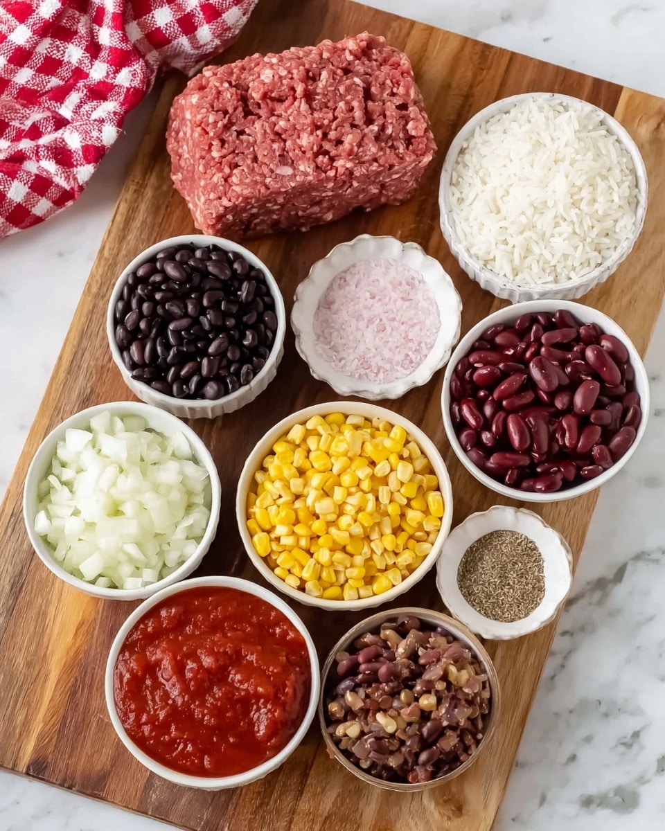 A wooden board with eight white bowls arranged on it and a block of raw ground meat placed near the top center. The bowls contain, starting from top right and moving clockwise: dark black beans, a small bowl with pink salt, black pepper, and granulated white salt, fluffy white rice, yellow corn kernels, light brown powder, dark red kidney beans, diced white onions, and bright red tomato sauce. The wooden board is set on a white marbled surface with part of a red and white checkered cloth visible in the top left corner. Photo taken with an iphone --ar 4:5 --v 7