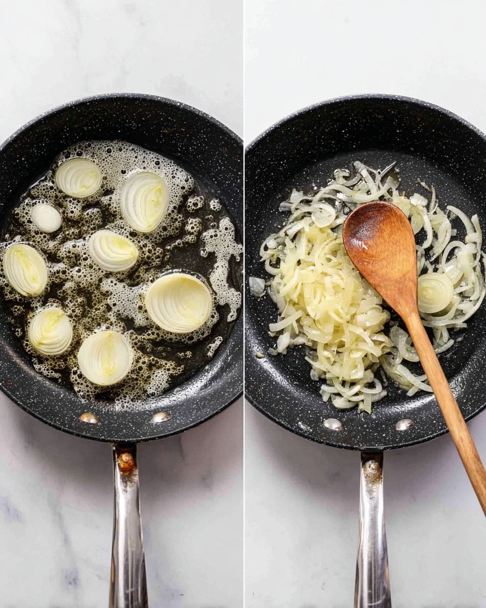 The image shows two black frying pans on a white marbled surface, each with sautéing onions. The left pan has large semicircle onion pieces scattered in melted butter, with some bubbling around them. The right pan contains thinly sliced onions in a similar pan, being stirred by a wooden spoon resting near the center. The onions in the right pan are more translucent and slightly golden compared to the raw pieces on the left. Both pans show a speckled black cooking surface and a silver handle visible at the bottom of the frame. photo taken with an iphone --ar 4:5 --v 7