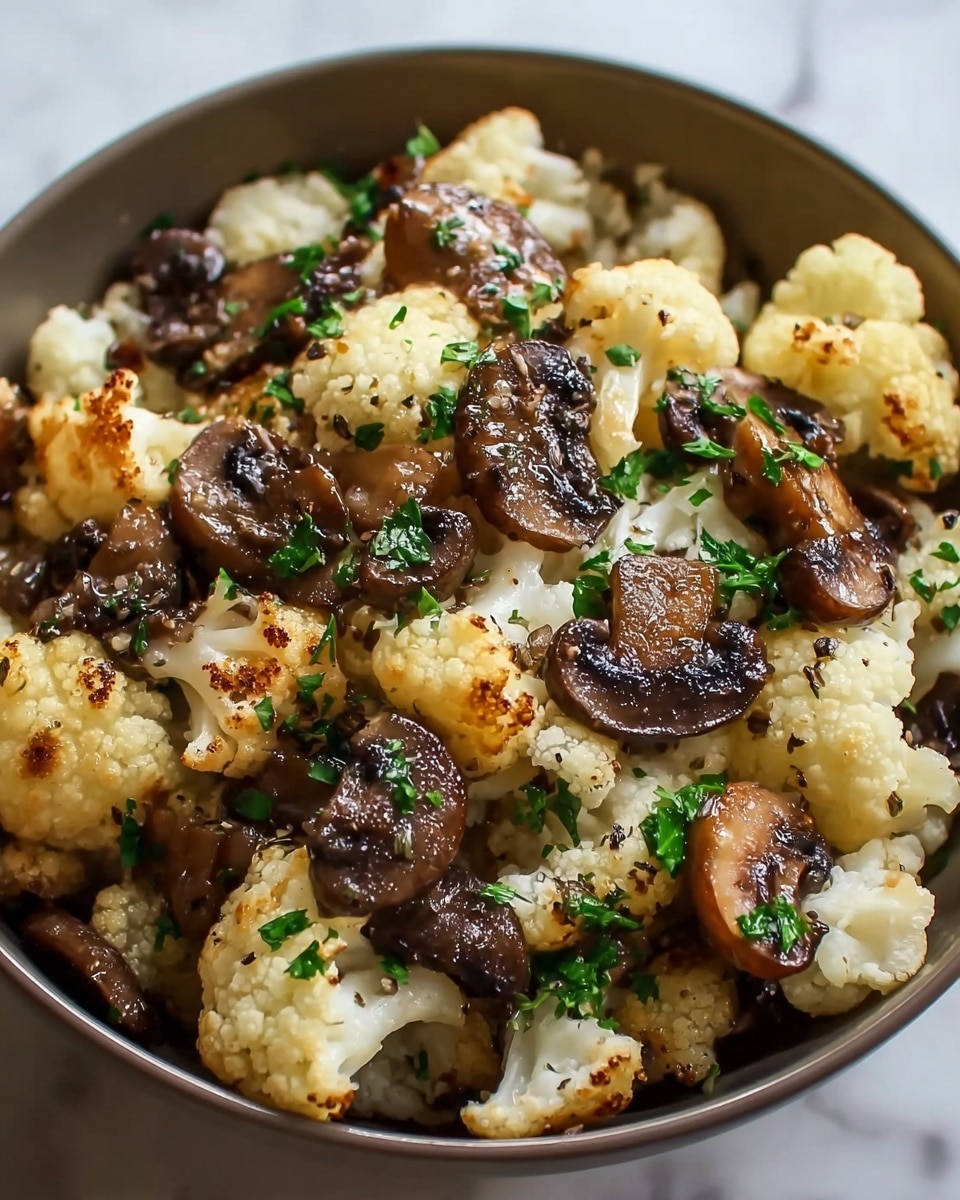 A close-up view of roasted cauliflower and mushrooms mixed together in a bowl. The dish shows two main layers: the first layer is made of creamy white cauliflower pieces with a light golden-brown char, and the second layer is dark brown sliced mushrooms with a glazed, slightly shiny texture, scattered on top. Small bits of green parsley are sprinkled evenly across the dish, adding a fresh color contrast. The bowl sits on a white marbled surface. photo taken with an iphone --ar 4:5 --v 7