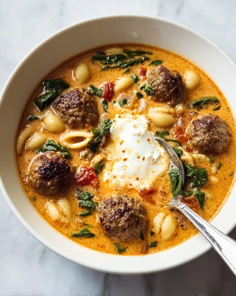 Hearty Meatball Soup with Pasta, Spinach, and Cream Recipe