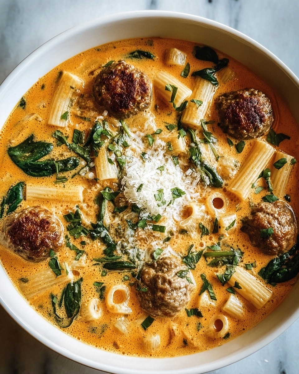 A white bowl filled with creamy orange soup that has a smooth, slightly oily texture. Inside the soup are five browned meatballs scattered throughout, along with short, tube-shaped pasta and small pasta rings. Dark green spinach leaves are spread around, adding color contrast, and finely chopped green herbs are sprinkled on top. There is also a small mound of grated white cheese in the center. The bowl sits on a white marbled surface. Photo taken with an iphone --ar 4:5 --v 7