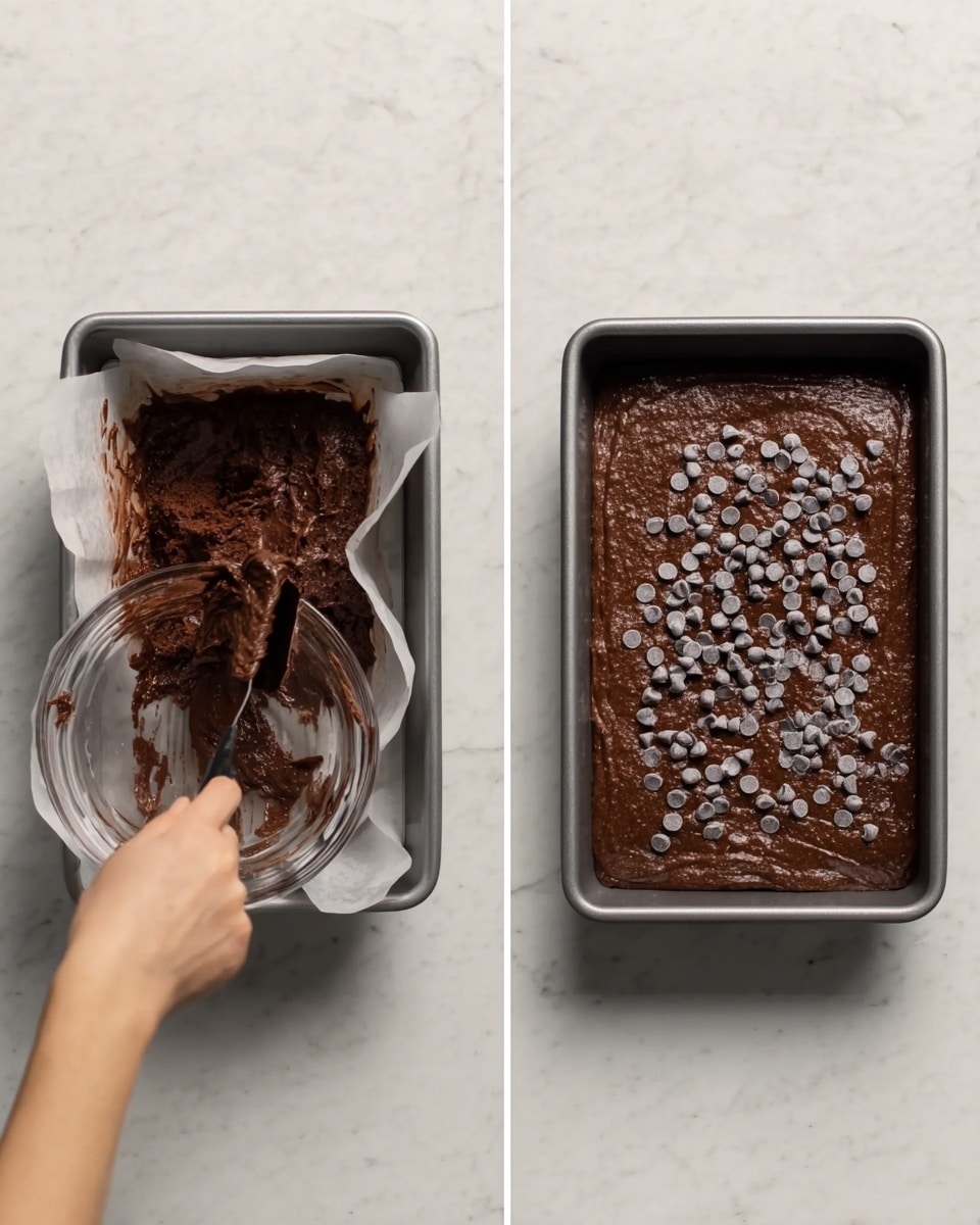 The image shows two side-by-side views of a baking pan with chocolate cake batter. On the left side, a woman's hand is scraping thick, dark brown chocolate batter from a glass bowl into a rectangular metal baking pan lined with white parchment paper, sitting on a white marbled surface. The batter looks dense and unevenly spread as it is being placed. On the right side, the same pan is now filled and evenly spread with the dark brown chocolate batter, topped with scattered light gray chocolate chips spread all over the surface. Both pans are on the same white marbled texture. photo taken with an iphone --ar 4:5 --v 7