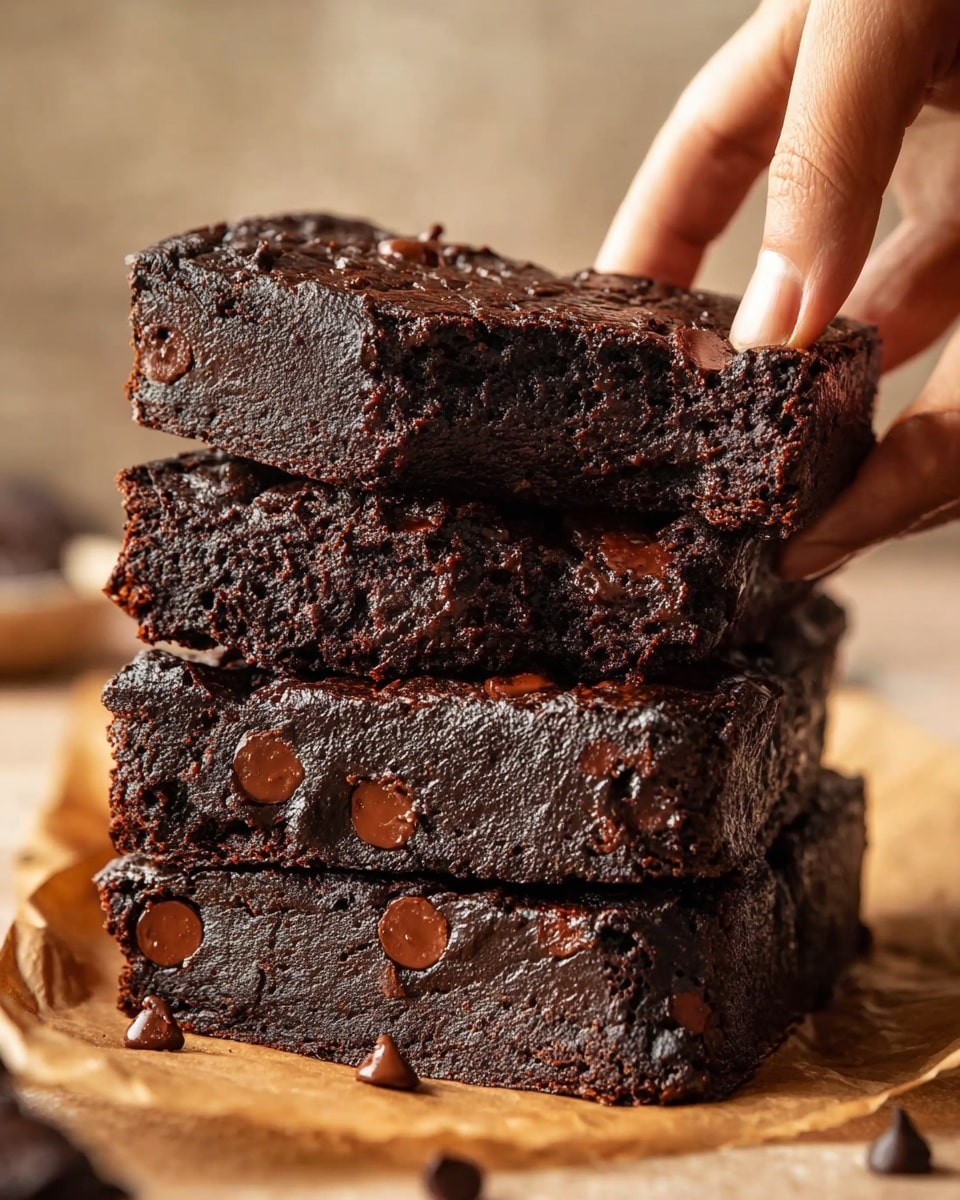 A stack of four thick, dark brown chocolate brownies with smooth, slightly shiny surfaces studded with melted chocolate chips is shown. The brownies have a dense and moist texture with some cracks on the edges. A woman's hand is lifting the top brownie, showing the rich, fudgy inside and glossy chocolate chips embedded throughout. The brownies rest on light brown parchment paper, with the background softened and out of focus. Photo taken with an iphone --ar 4:5 --v 7