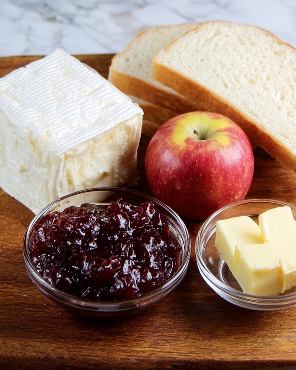 The image shows a wooden board with several food items arranged on it. On the left is a large wedge of white soft cheese with a smooth, creamy texture and a slightly ridged pattern on top. Next to it, in the middle, is a shiny red apple with light yellow patches. In front of the apple is a clear glass bowl filled with dark red, shiny jam that has a thick, chunky texture. To the right of the jam is a small clear glass bowl with a square piece of pale yellow butter that looks soft. Behind these items, towards the back, is a stack of several slices of white bread with a soft and airy texture. The whole scene is set on a white marbled surface. Photo taken with an iphone --ar 4:5 --v 7