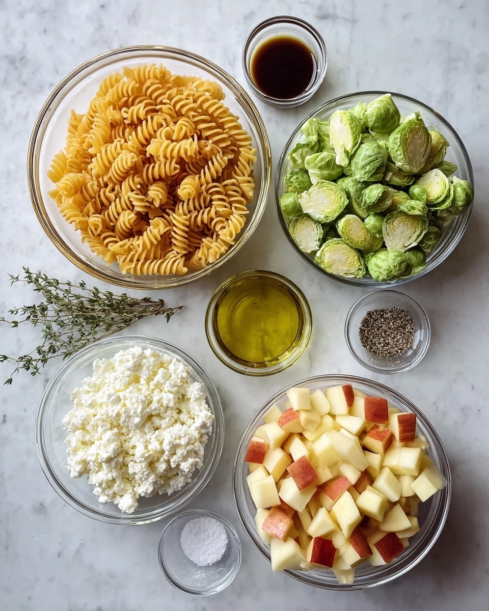 The image shows six clear glass bowls arranged on a white marbled surface, each holding different ingredients. The largest bowl on the left holds dry spiral pasta with a yellow color and textured spirals. Above it is a small glass cup with dark brown liquid dressing or sauce. To the top right of that is a bowl filled with fresh green sliced brussels sprouts with crisp texture. Next to it on the right is a bowl filled with small pale yellow and red apple cubes with smooth, crunchy appearance. Below the apple bowl is a small glass cup with light golden olive oil. To the bottom left of that is a small clear bowl with white crumbled cheese with soft, fluffy texture. Between the cheese and pasta bowls are two sprigs of fresh green thyme, and beside them is a small clear bowl containing white salt and black pepper. The clean, organized arrangement of fresh ingredients highlights their colors and textures. photo taken with an iphone --ar 4:5 --v 7