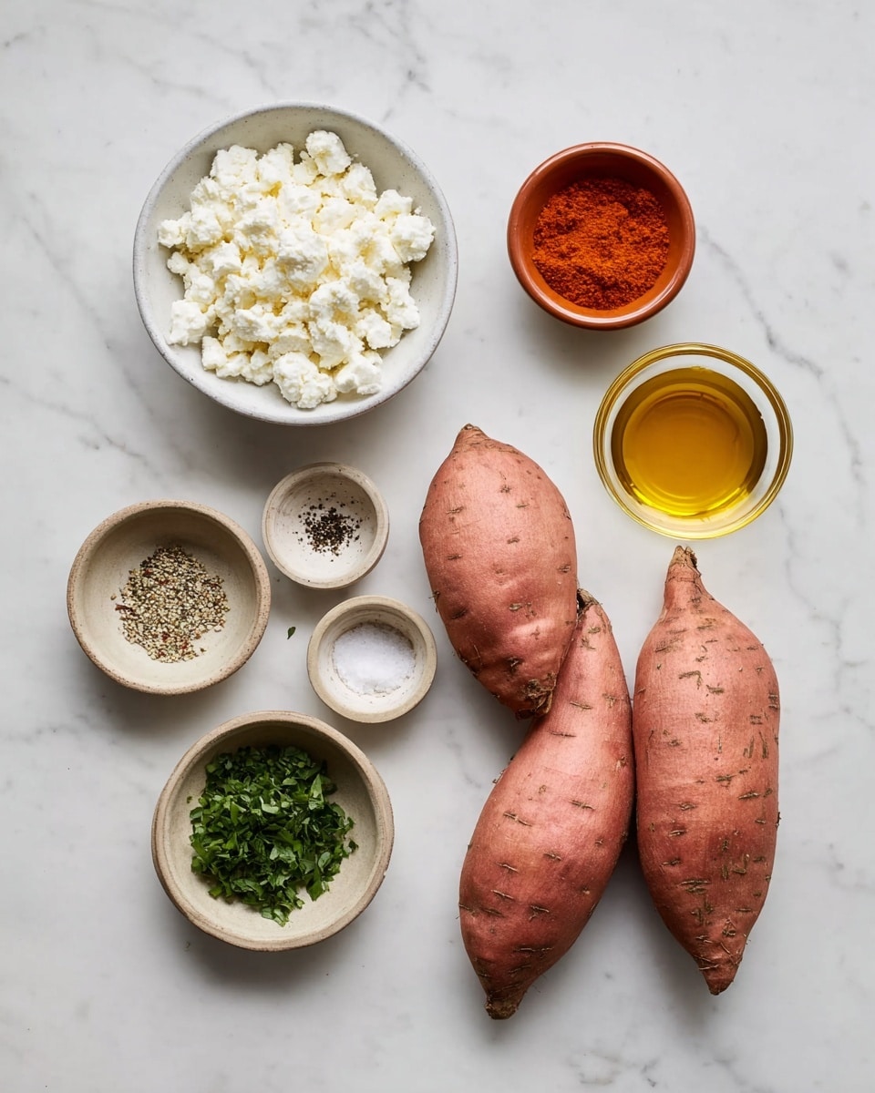 Two whole sweet potatoes with pinkish-orange skin are placed side by side on a white marbled surface. Surrounding them are seven small containers with different ingredients: a white bowl filled with crumbly white cheese on the left, a small terracotta bowl with red paprika powder above it, a small glass bowl with light golden oil on the right, a small beige bowl with black pepper below the oil, a small beige bowl with coarse white salt below the pepper, a small beige bowl filled with chopped green herbs below the cheese, and a small glass bowl with amber honey below the herbs. The scene is bright and clean, showing the ingredients neatly arranged and ready for use. photo taken with an iphone --ar 4:5 --v 7