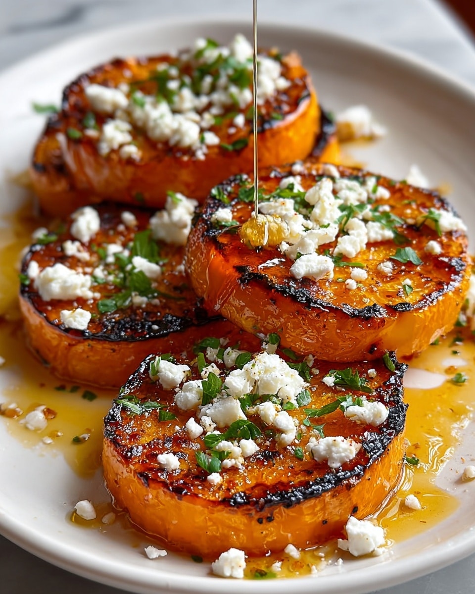 The image shows four thick, round slices of orange roasted squash arranged on a white plate. Each squash slice has a slightly charred edge and a caramelized surface texture with small golden-brown spots. Crumbled white cheese is generously sprinkled on top of each slice, with chopped green herbs scattered to add color. A light golden syrup or honey drizzles from above onto the front squash slice, creating a glossy shine with droplets of liquid around the plate. The white plate rests on a white marbled surface. photo taken with an iphone --ar 4:5 --v 7