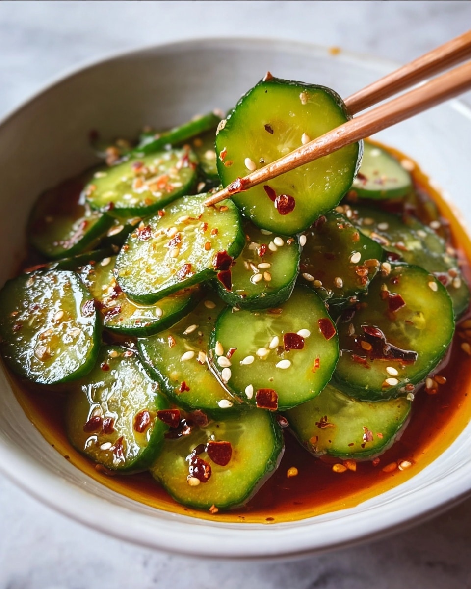 A close-up image showing a white bowl filled with thin green cucumber slices soaked in a glossy reddish-brown sauce. The cucumbers have a fresh, bright green color with a smooth texture and are topped with white sesame seeds and small red chili flakes scattered on top. A pair of light brown chopsticks holds a couple of cucumber slices above the bowl, highlighting the texture and seasoning. The bowl sits on a white marbled surface. photo taken with an iphone --ar 4:5 --v 7