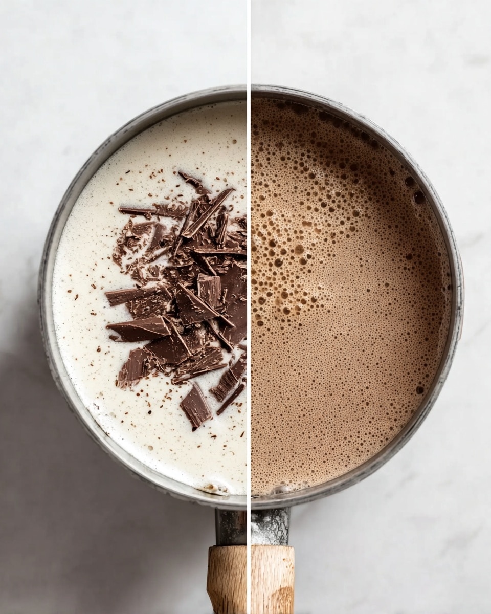 Two side-by-side images of a silver pot with a light wooden handle on a white marbled surface. On the left, the pot holds a creamy white liquid topped with broken pieces of dark chocolate scattered in the center. On the right, the pot shows a thick, light brown, bubbly liquid, with small and medium bubbles covering the surface. The pot is viewed from above and centered in the frame. photo taken with an iphone --ar 4:5 --v 7