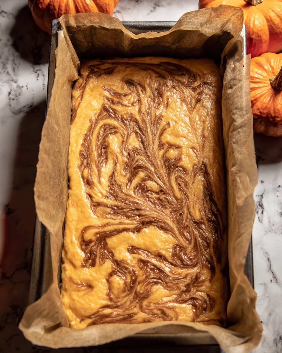 A rectangular baking pan lined with parchment paper holds an unbaked swirl cake batter with two visible layers: a thick, light orange layer covering the entire base, and a darker brown swirl pattern on top creating a marbled effect across the surface. The batter looks smooth and glossy, showing a contrast between the bright orange and deep brown colors. The pan sits on a white marbled surface, with small orange pumpkins partially visible nearby. photo taken with an iphone --ar 4:5 --v 7
