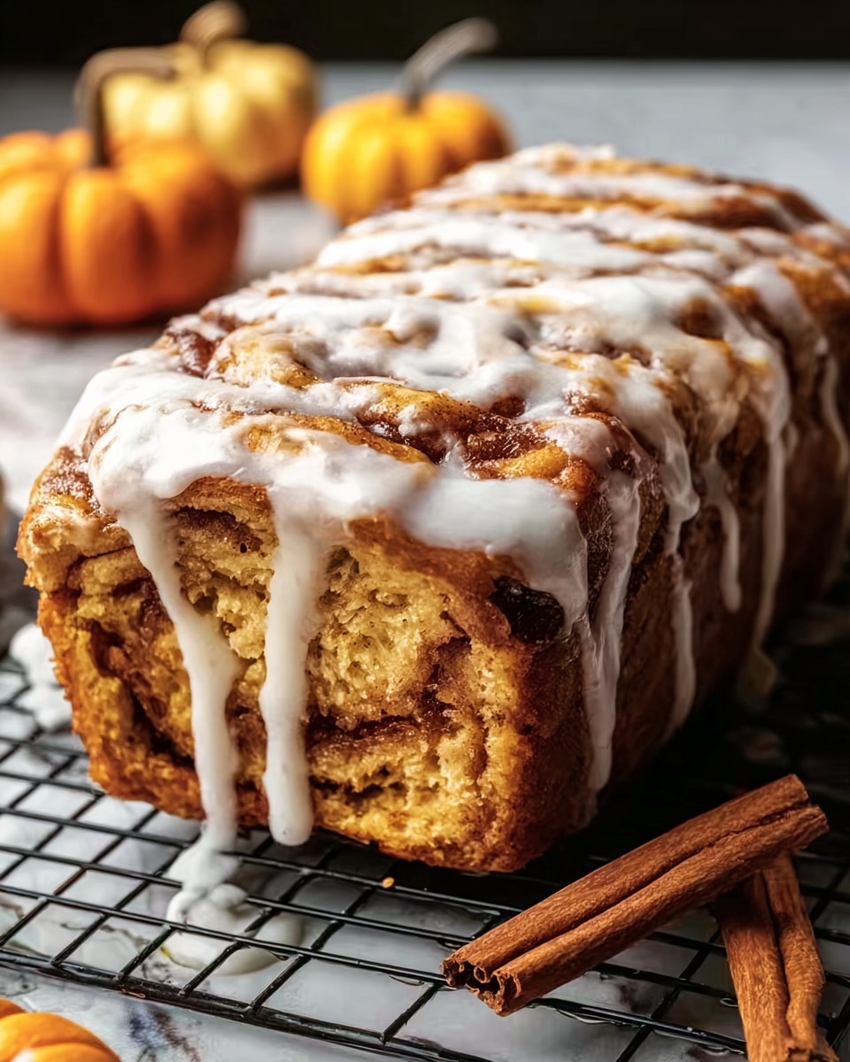 A close-up view of a loaf of cinnamon roll bread covered with thick, white icing that drips down the sides. The bread has a golden-brown crust with visible cinnamon swirls inside, showing layers of soft dough and cinnamon filling. The loaf is placed on a black wire rack with a cinnamon stick beside it, and small decorative pumpkin gourds blurred in the background, all set on a white marbled surface. The texture of the icing looks smooth and creamy, while the bread appears fluffy and warm. Photo taken with an iphone --ar 4:5 --v 7