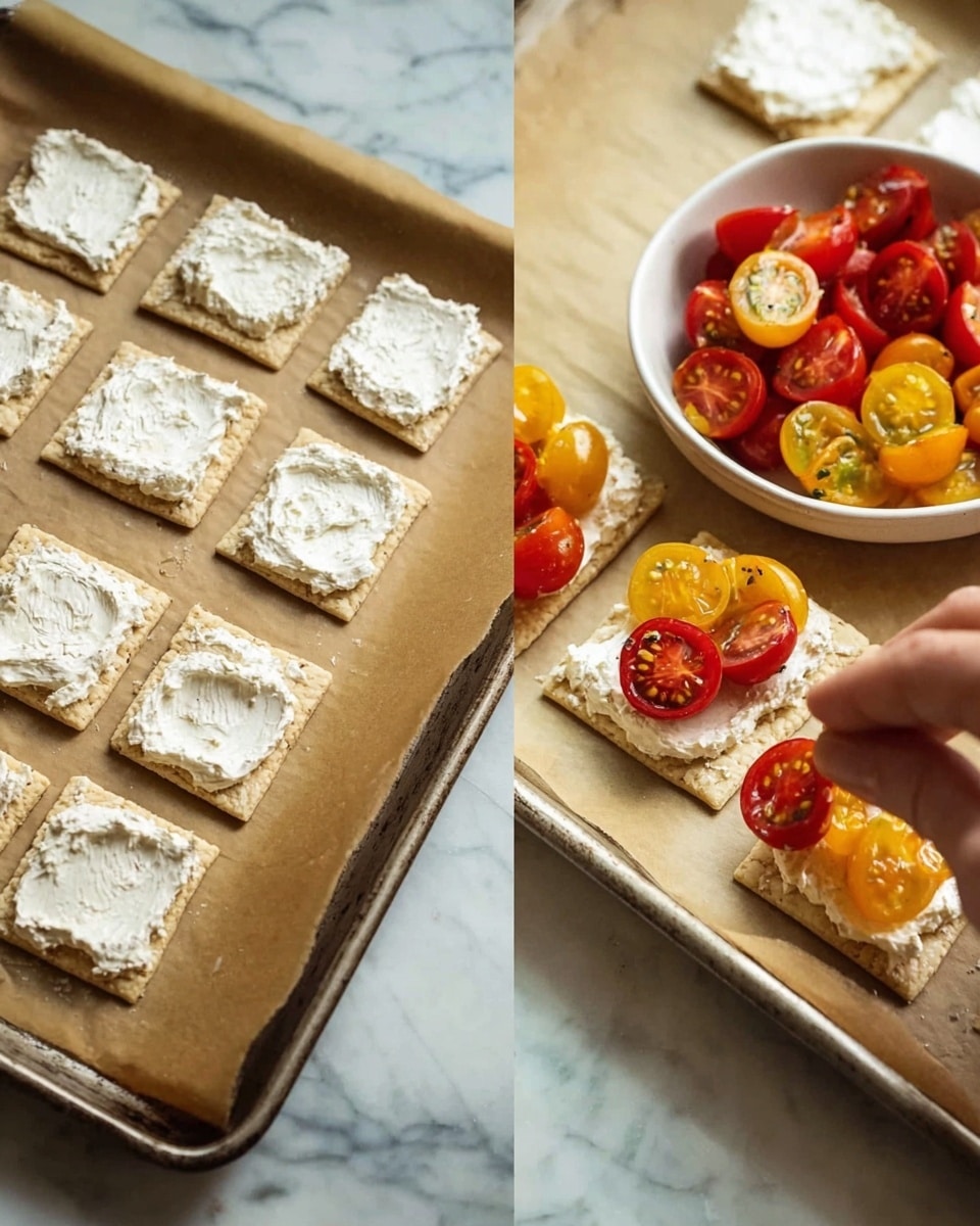 On a baking tray lined with brown parchment paper, there are small square dough pieces topped with layers. The first layer is a white creamy spread with a slightly rough texture, smeared evenly on each dough square. On top of this, next to the tray, there is a white bowl full of halved red and yellow cherry tomatoes, which a woman's hand is placing neatly on each piece of dough, adding a colorful mix of red, yellow, and orange. The background shows a white marbled texture surface. photo taken with an iphone --ar 4:5 --v 7