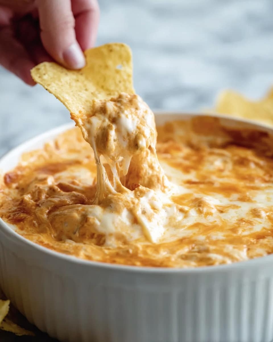A close-up view of a white bowl filled with a thick, creamy dip that has a light orange color with melted cheese stretched from the surface to a yellow tortilla chip being held by a woman's hand just above the dip. The dip looks smooth with a slightly browned top, showing melted, stringy cheese texture. The background is softly blurred with a white marbled surface beneath the bowl. Photo taken with an iphone --ar 4:5 --v 7