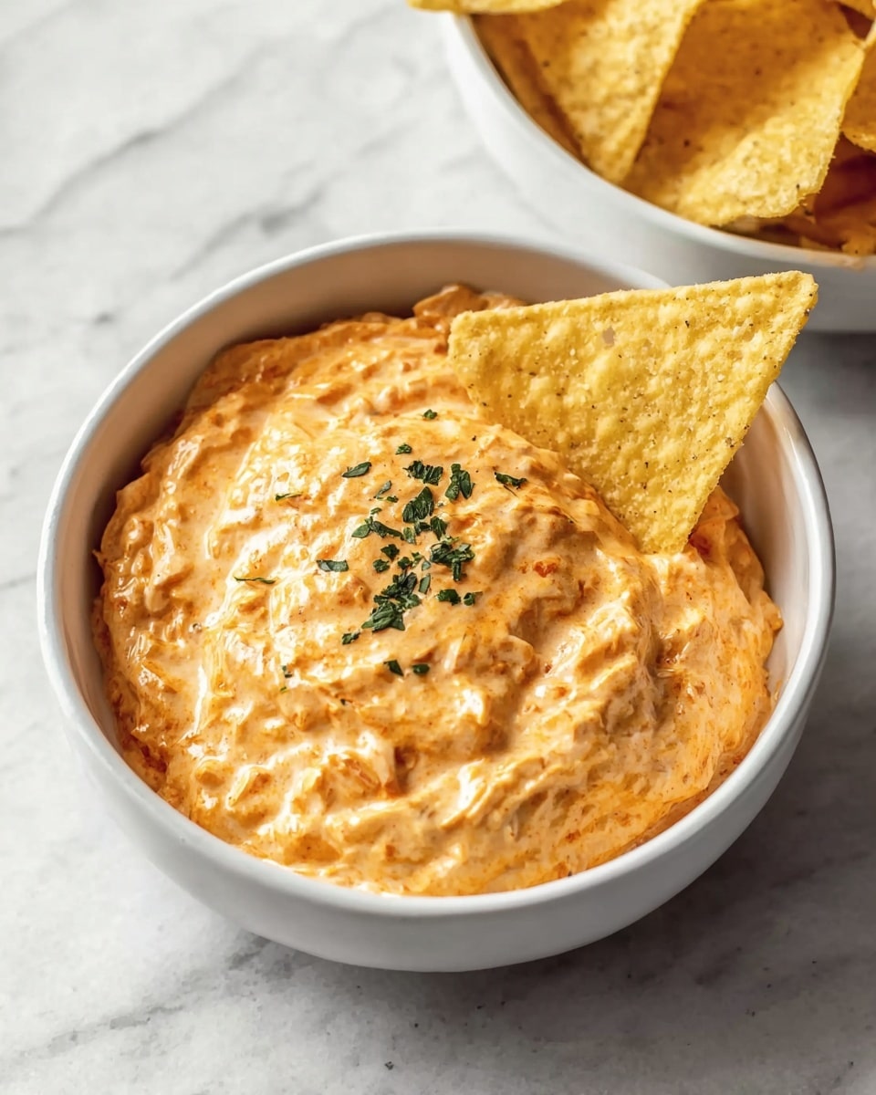The image shows a white bowl filled with a creamy, orange-colored dip with visible chunks, giving it a thick and textured look. On top of the dip, there is a small sprinkle of green herbs for garnish. A triangular yellow tortilla chip is dipped into the right side of the bowl, slightly buried in the dip. In the background, more tortilla chips are seen inside a white bowl. The bowls rest on a white marbled surface. photo taken with an iphone --ar 4:5 --v 7