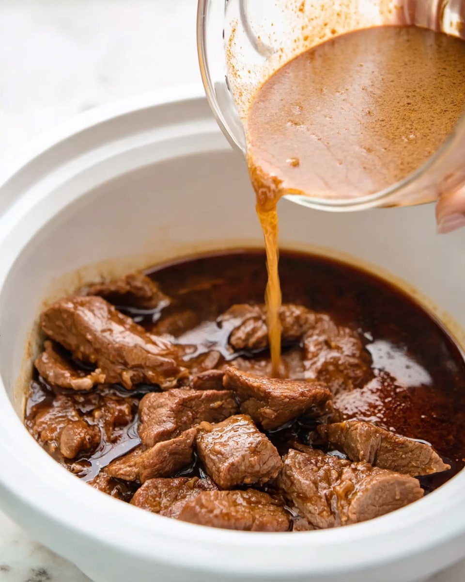 A close-up of a white bowl filled with brown cooked meat pieces resting in dark brown sauce. Above the bowl, a clear container tilts, pouring more light brown liquid sauce into the bowl, blending with the meat and darker sauce below. Part of a woman's hand holding the clear container is visible in the top left corner. The surface around the bowl shows a white marbled texture. photo taken with an iphone --ar 4:5 --v 7