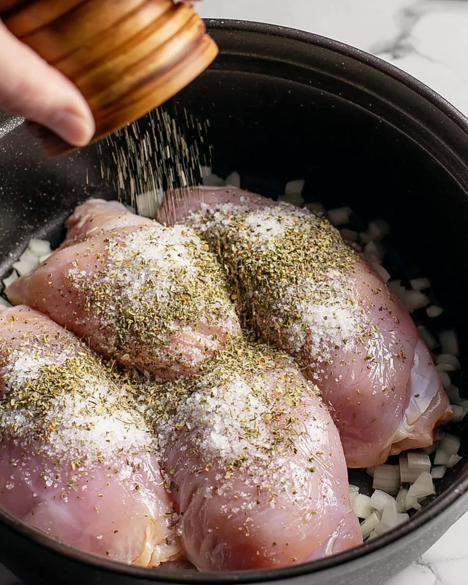 The image shows three raw chicken pieces placed inside a dark cooking pot. The chicken pieces have a light pink color and are sprinkled with coarse white salt and green dried herbs. Underneath the chicken, there are small pieces of white onion scattered evenly. Above the pot, a woman's hand is sprinkling more dried herbs from a wooden container onto the chicken. The background surface is white with a marbled texture. Photo taken with an iphone --ar 4:5 --v 7