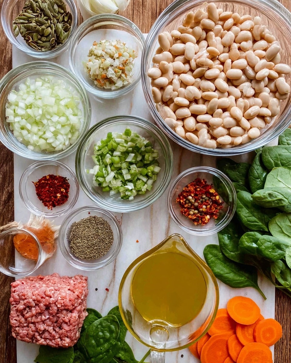 A large clear glass bowl filled with white beans sits in the center of the image, surrounded by smaller clear glass bowls with a variety of ingredients. To the left, there is a bowl with finely chopped white onions and a bowl with chopped green celery. There are round slices of bright orange carrot scattered under and around the bowls, forming a colorful base. On the bottom left, a block of ground meat rests on a clear glass dish. Small bowls hold red pepper flakes, dried herbs, black pepper, minced garlic, and a bit of red paste. Fresh green spinach leaves are used as a bed under the bowls and scattered around. A clear glass measuring cup filled with light yellow broth is visible near the bottom center. The entire setup is displayed on a wooden surface replaced with white marbled texture, creating a fresh and clean look. photo taken with an iphone --ar 4:5 --v 7