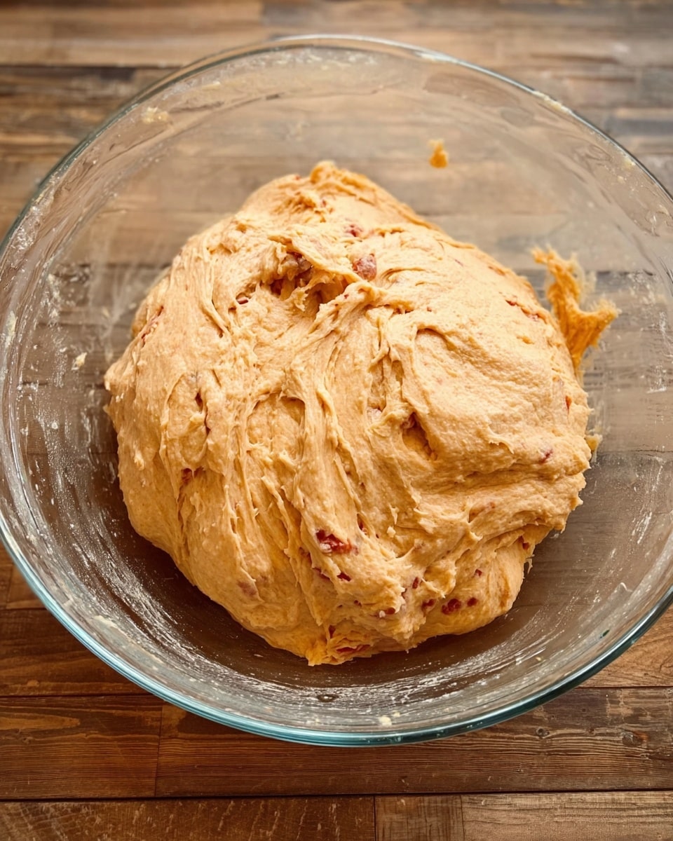 A large, sticky dough sits in a clear glass bowl resting on a wooden surface. The dough is light orange with visible small reddish bits mixed in. Its texture looks soft and stretchy with some folds and air pockets on the surface. The dough fills most of the bowl but does not rise above the rim. Photo taken with an iphone --ar 4:5 --v 7