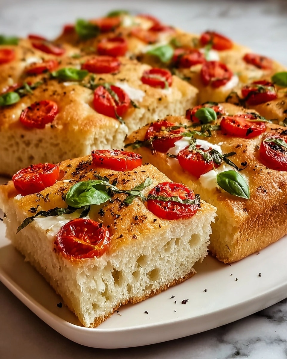 The image shows a thick, soft focaccia bread cut into square pieces on a white plate, resting on a white marbled surface. The focaccia has a golden-brown crust with a light, airy texture inside. On the top layer, there are small slices of bright red cherry tomatoes scattered evenly. Thin shreds of fresh green basil leaves are spread across the surface, along with small melted patches of white cheese sitting just under the tomatoes. Some black specks of herbs and seasoning are sprinkled on top, giving it a slightly textured look. Photo taken with an iphone --ar 4:5 --v 7