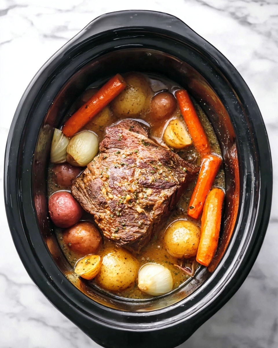 Inside a black slow cooker, there is one large piece of roasted meat with a brown, slightly crispy surface, surrounded by several whole carrots of deep orange color and small round potatoes with golden-brown skin. There are also some whole peeled onions with a pale yellow look scattered among the vegetables and meat, all sitting in a layer of light brown broth. The slow cooker is set on a white marbled surface. photo taken with an iphone --ar 4:5 --v 7