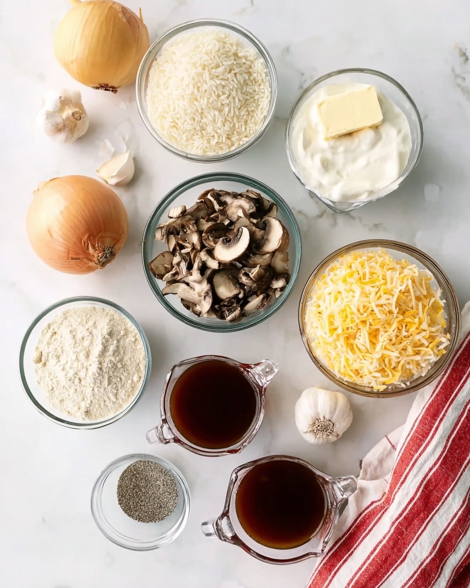 A white marbled surface holds eight bowls and ingredients neatly arranged. At top center, a clear glass bowl is filled with white cream, next to it on the right is a clear bowl with a small block of butter. Below the cream is a clear bowl filled with white rice grains. To the right of the rice, another clear bowl contains shredded yellow and white cheese. In the middle, a clear bowl holds chopped dark brown and cream mushrooms. Below this, two clear measuring cups filled with dark brown broth sit side by side. On the bottom left, a small clear bowl holds a grayish powder. To the left of all these ingredients, there is a whole yellow onion and a single garlic clove resting beside a red and white striped cloth. Photo taken with an iphone --ar 4:5 --v 7