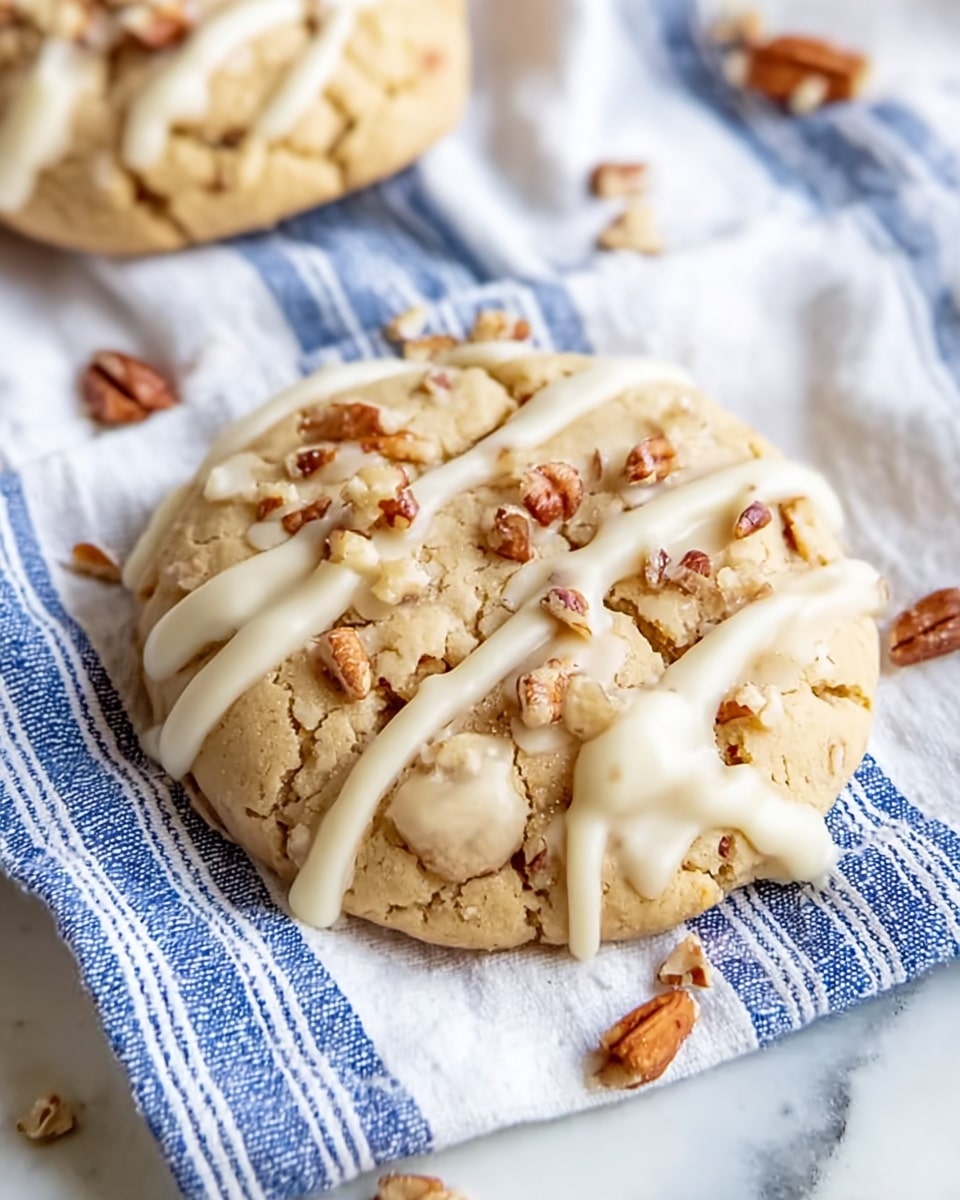 The image shows a close-up of two soft, round cookies placed on a white and blue striped cloth over a white marbled surface. Each cookie has a light golden-brown color with cracks and a slightly rough texture. They are topped with a drizzle of creamy white icing in a loose pattern and sprinkled with small pieces of chopped pecans, which add a crunchy touch and darker brown spots on the cookies. Some pecan pieces are also scattered around the cloth and surface. The focus is mainly on the front cookie, with the second cookie slightly blurred in the background. Photo taken with an iphone --ar 4:5 --v 7