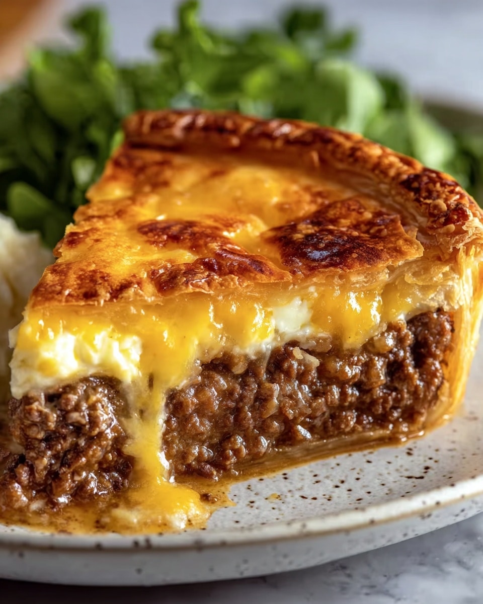 A close-up view of a meat pie slice with three layers: the bottom and sides are golden brown flaky pastry crust, the middle layer is a dense, crumbly brown cooked minced meat filling, and the top layer is melted yellow cheese with some browned spots, slightly dripping onto the meat. The pie slice is on a white plate with speckled texture, and blurred green leafy vegetables are in the background on a white marbled surface. The photo taken with an iphone --ar 4:5 --v 7