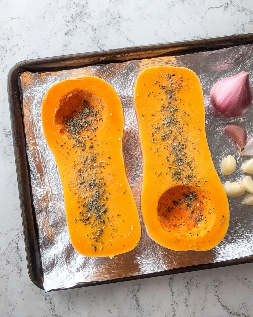 Two halves of an orange butternut squash with the seeds removed lie flat on a sheet of aluminum foil on a baking tray. Each half is sprinkled with dried herbs and coarse seasoning, giving a speckled texture on the smooth orange flesh. To the right of the squash are two small peeled garlic cloves and two peeled shallot pieces with a pale purple skin. The background visible above and below the tray shows a white marbled texture. Photo taken with an iphone --ar 4:5 --v 7