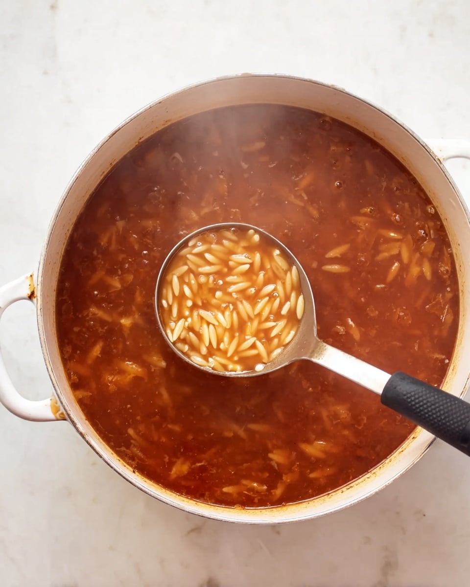 The image shows a white cooking pot filled with a thick reddish-brown soup that contains small pasta pieces, likely orzo, evenly spread throughout. A silver ladle with a black grip handle is held above the pot, scooping up some of the soup, showing the soup’s rich color and the texture of the small pasta within the ladle. The pot sits on a white marbled surface, and steam rises gently from the soup, giving a fresh, hot look. Photo taken with an iphone --ar 4:5 --v 7