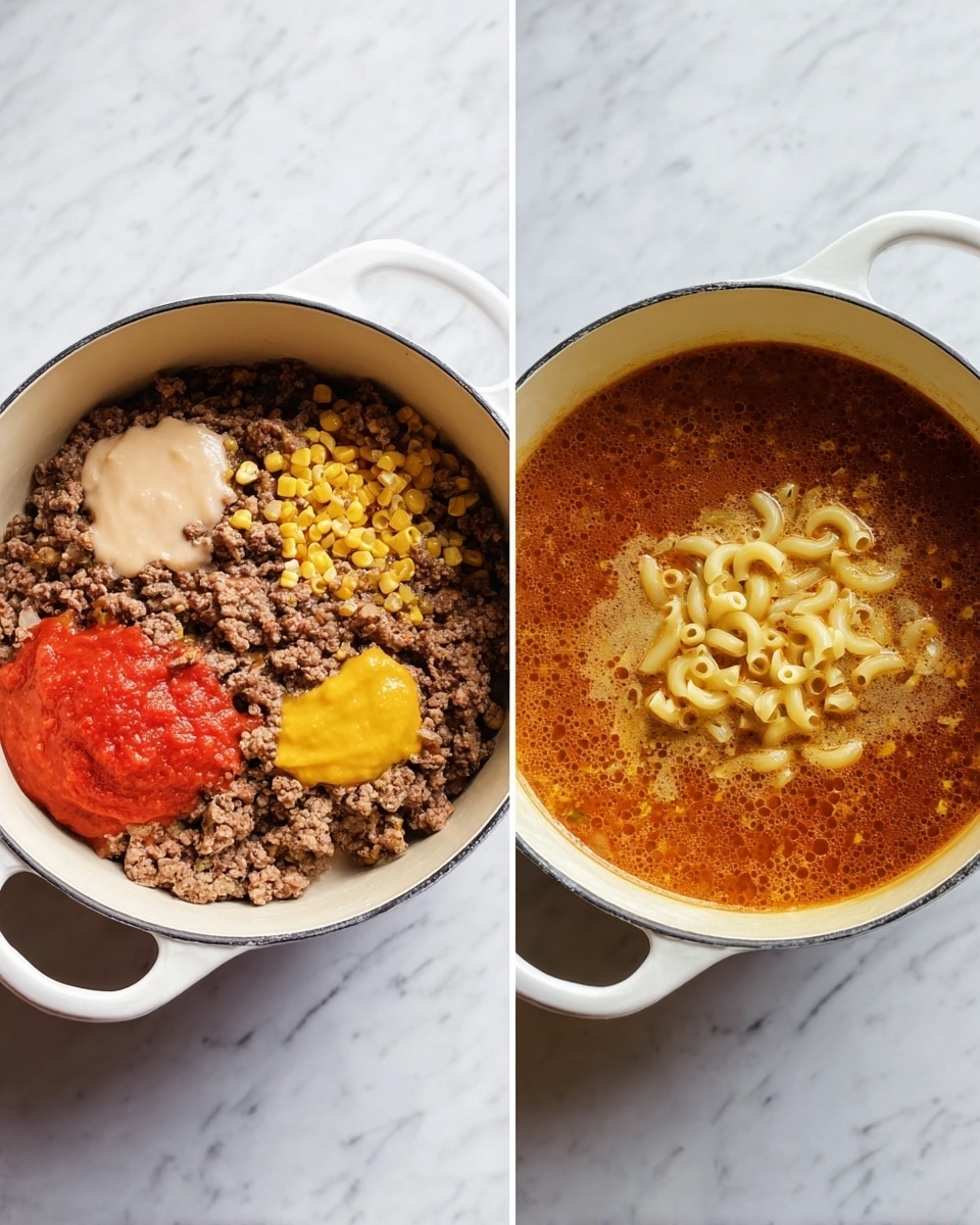 A white pot is shown from above on a white marbled surface. On the left side, the pot contains cooked ground meat mixed with small bits of yellow corn, topped with three dollops of different sauces: a light beige creamy sauce in the top left, a bright red tomato sauce near the top right center, and a smooth yellow mustard sauce near the bottom left. On the right side, the same white pot shows a rich brown broth with foam on top, and uncooked elbow macaroni sitting in the center of the broth. The scene is well lit and clean. photo taken with an iphone --ar 4:5 --v 7