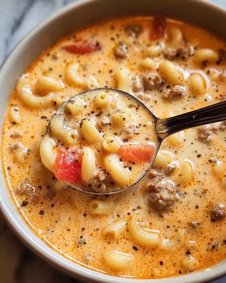 A close-up view of a creamy pasta soup in a white bowl, showing three main layers: a light orange creamy broth with small bubbles and specks of black pepper on top, small elbow macaroni pasta pieces mixed evenly within, and small browned ground meat bits scattered throughout. Chunky pieces of bright red tomato are also mixed in, adding pops of color. A silver spoon lifts a spoonful from the right side, showing the creamy texture and ingredients clearly. The bowl sits on a white marbled surface. Photo taken with an iphone --ar 4:5 --v 7