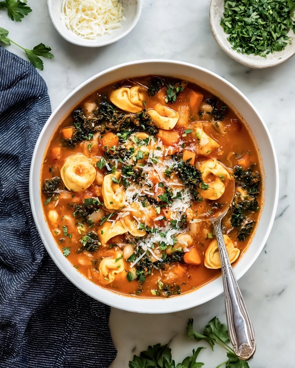 A white bowl filled with a rich orange-red broth soup with bright orange carrot cubes, dark green kale pieces, off-white beans, and light yellow tortellini pasta scattered throughout. The soup is topped with a sprinkle of white shredded cheese and small bits of chopped green herbs. A silver spoon rests inside the bowl, partially submerged, and the bowl sits on a white marbled surface. Around it, there are small white bowls with chopped green herbs and shredded cheese, some fresh parsley leaves, and a dark blue striped cloth towel. Photo taken with an iphone --ar 4:5 --v 7