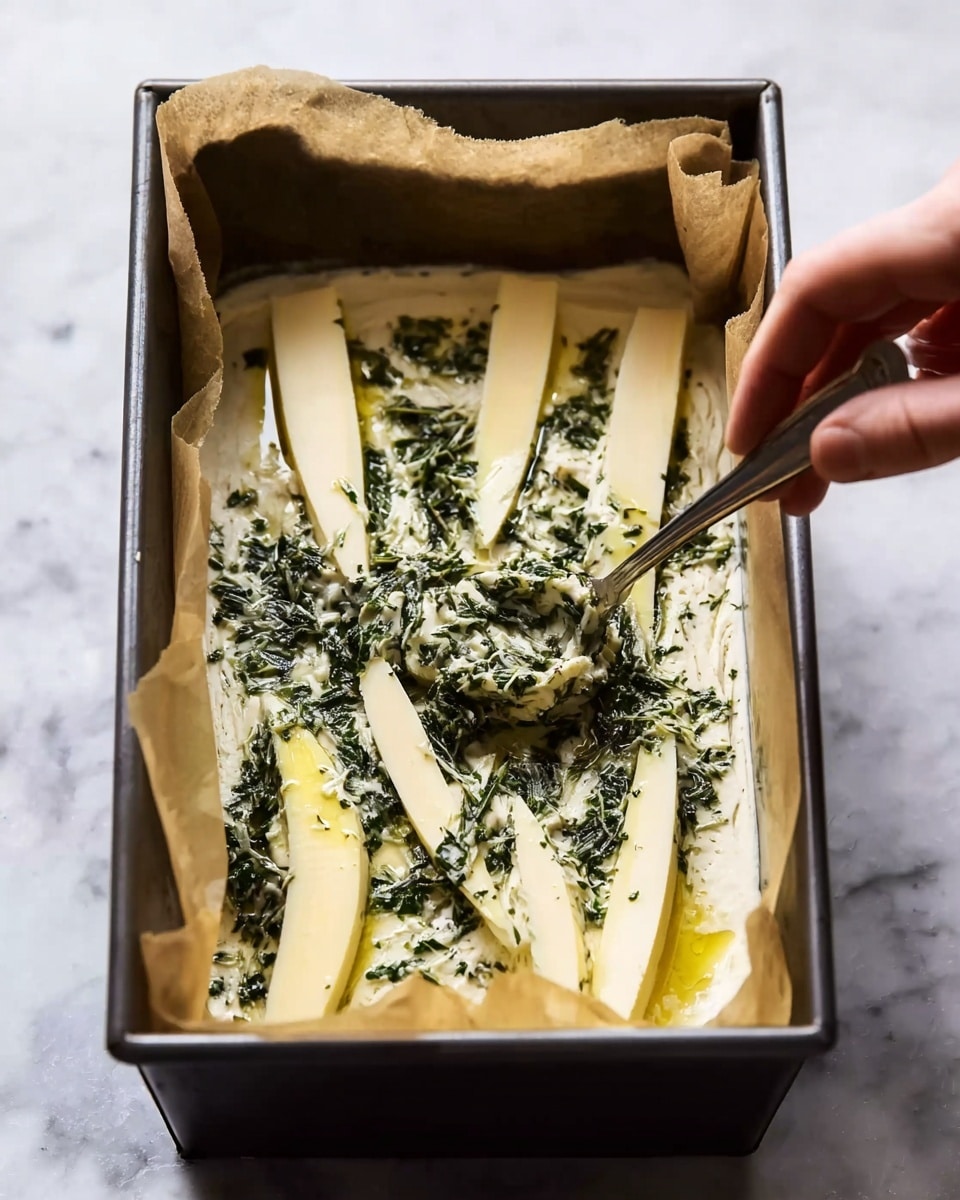 The image shows a dark rectangular baking tin lined with parchment paper, filled with a layered dish. The bottom layer is a creamy white batter, topped with long, thin slices of pale yellow cheese arranged diagonally and partially sunk into the batter. Over these cheese slices, there is a layer of finely chopped dark green herbs mixed with oil, spread unevenly with a metal spoon held by a woman's hand. The background is a white marbled surface. Photo taken with an iphone --ar 4:5 --v 7