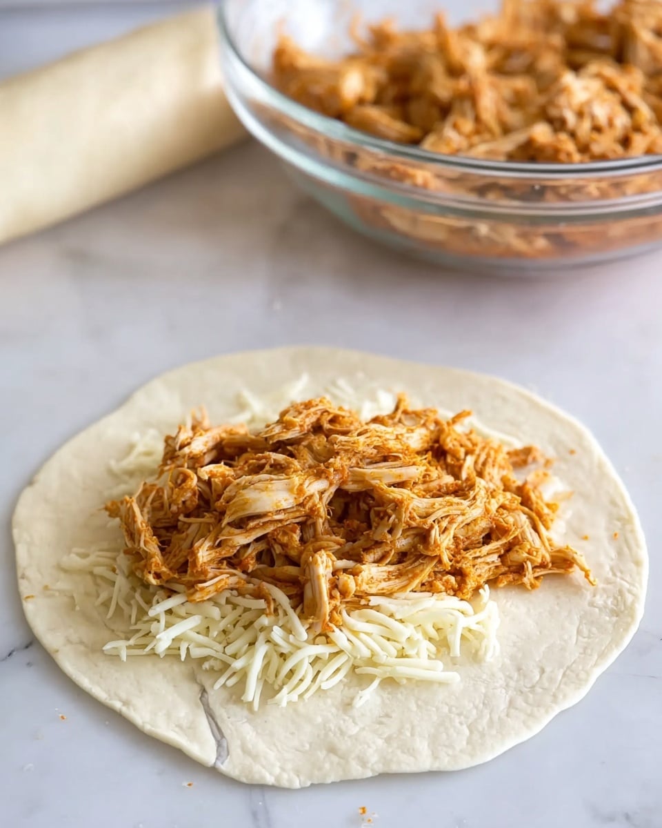 The image shows a white flat dough laid out on a white marbled surface with a layer of shredded white cheese spread in the middle. On top of the cheese, there is a pile of shredded cooked chicken with a rich orange-brown color from seasoning. In the background, there is a clear glass bowl with more shredded chicken inside, placed on the same white marbled surface. The scene is bright and focused on the layered ingredients ready to be wrapped or cooked. Photo taken with an iphone --ar 4:5 --v 7