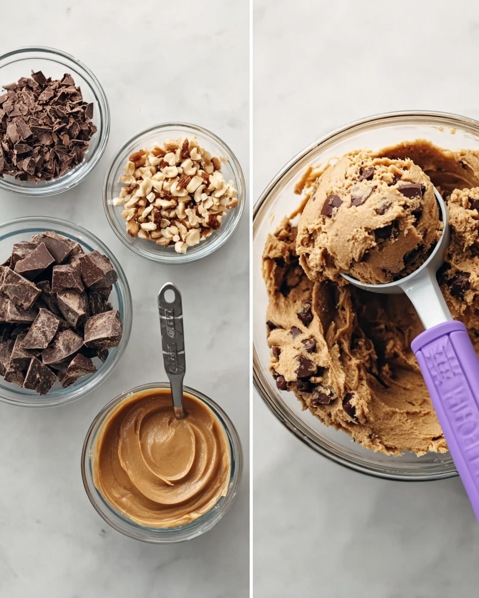The image shows two side-by-side scenes on a white marbled surface. On the left, three clear bowls hold ingredients: the top one has crushed dark chocolate with light nuts, the bottom left contains light brown sugar, and the bottom right is filled with smooth light brown peanut butter inside a metal measuring cup. On the right, a clear bowl holds thick, chunky cookie dough mixed with chunks of dark chocolate and nuts, with a purple-handled scoop pressing into the dough, lifting a round portion. Photo taken with an iphone --ar 4:5 --v 7