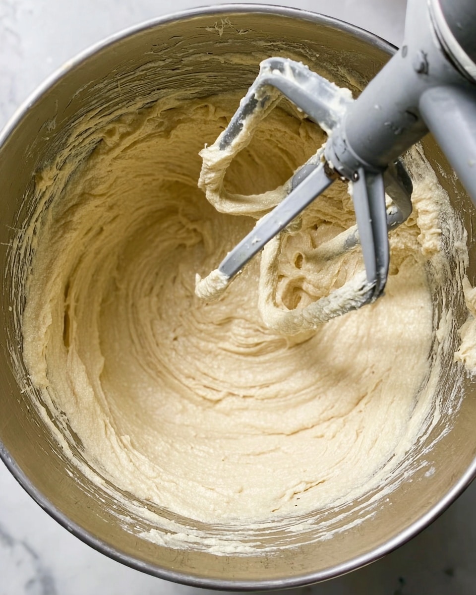 A close-up view inside a round silver metal mixing bowl shows light beige creamy batter with a smooth, thick texture. The batter fills the bottom half of the bowl, with some batter clinging to the sides. A gray metal paddle beater is resting inside the bowl, partially covered with batter, with its paddles visible. The bowl itself has a reflective surface showing faint shadows and slight marks. The background is a white marbled texture. Photo taken with an iphone --ar 4:5 --v 7