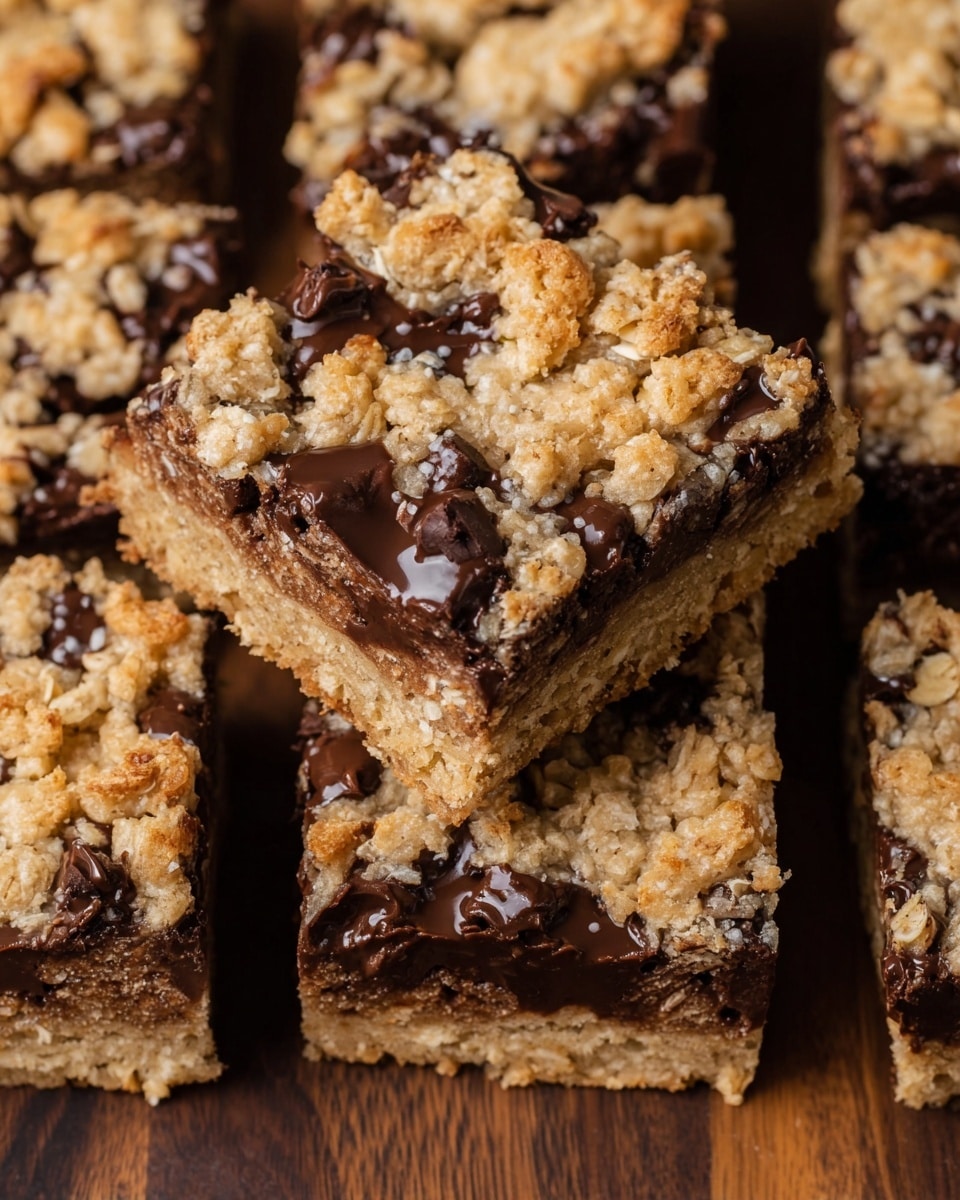 The image shows several square oat bars with three visible layers: a bottom layer of crumbly oat base in light golden brown, a middle layer of melted dark chocolate chips that appear shiny and sticky, and a top layer of chunky oat crumble mixed with more chocolate chips scattered unevenly. One oat bar is slightly tilted on top of others, emphasizing the thick and textured oat layers with clusters of melted chocolate concealed inside. All the bars sit on a dark wooden surface with a visible grain pattern. photo taken with an iphone --ar 4:5 --v 7