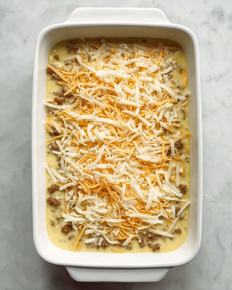 A white rectangular baking dish filled with a layered dish, starting with a base of light yellow sauce mixed with small bits of brown cooked meat evenly spread across. On top is a generous layer of shredded cheese in white and light orange colors, scattered loosely and covering most of the dish. The dish sits on a white marbled surface. photo taken with an iphone --ar 4:5 --v 7