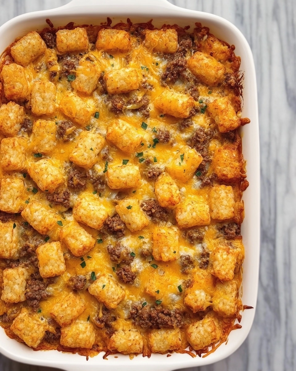 The dish is a baked casserole in a white rectangular baking dish placed on a white marbled surface. The top layer is made of golden brown crispy tater tots scattered evenly. Beneath the tater tots, there is melted orange-yellow cheddar cheese visible, mixed with browned small pieces of cooked ground meat that add texture and contrast. The cheese layer looks creamy and smooth, binding the ingredients together, with some green herb sprinkles adding small pops of color all over the surface. The casserole edges are slightly browned, showing a crunchy finish around the sides photo taken with an iphone --ar 4:5 --v 7