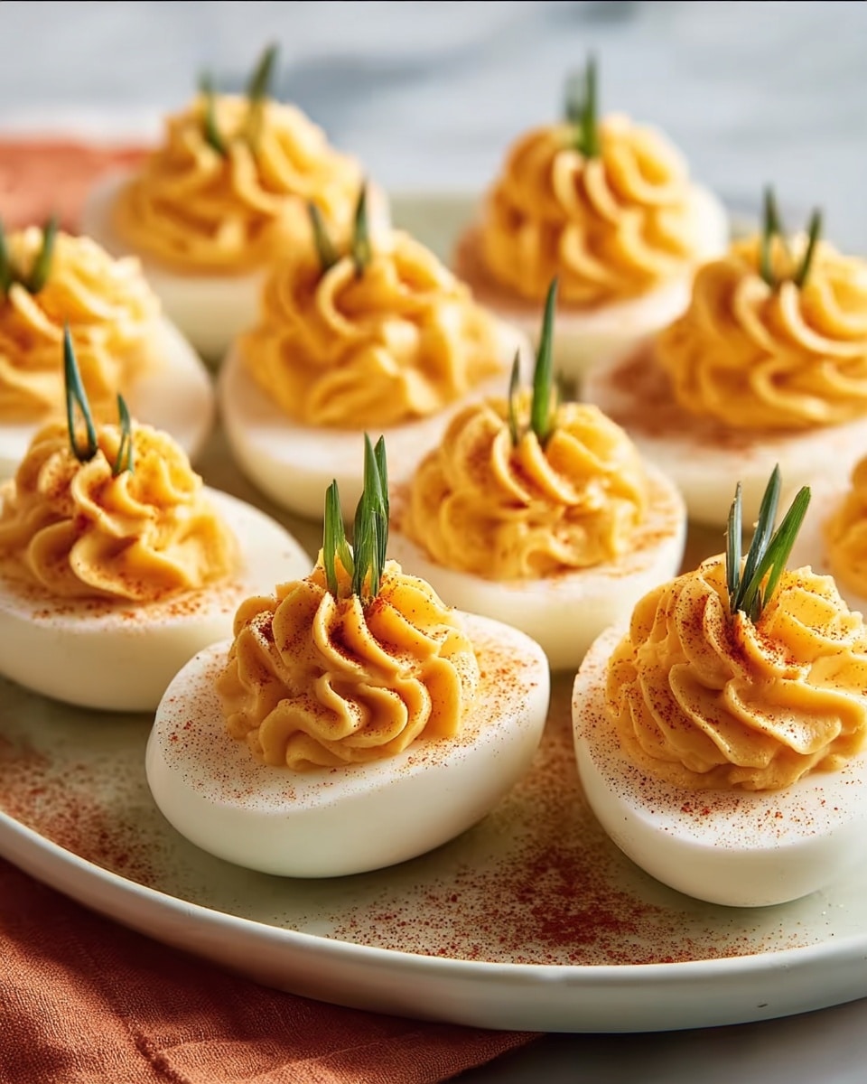 The image shows a white round plate with ten deviled eggs arranged on it. Each egg is halved and has a smooth, white outer egg white layer. Inside, there is a bright orange-yellow filling piped in a swirl pattern, creating a textured, fluffy look. Small green chive pieces, cut into short thin sticks, stand upright on top of the filling, adding contrast. A light red-orange powder, likely paprika, is sprinkled on the filling and around the edge of the egg white, enhancing the color and texture. The plate is placed on a soft orange cloth, all set on a white marbled surface. Photo taken with an iphone --ar 4:5 --v 7