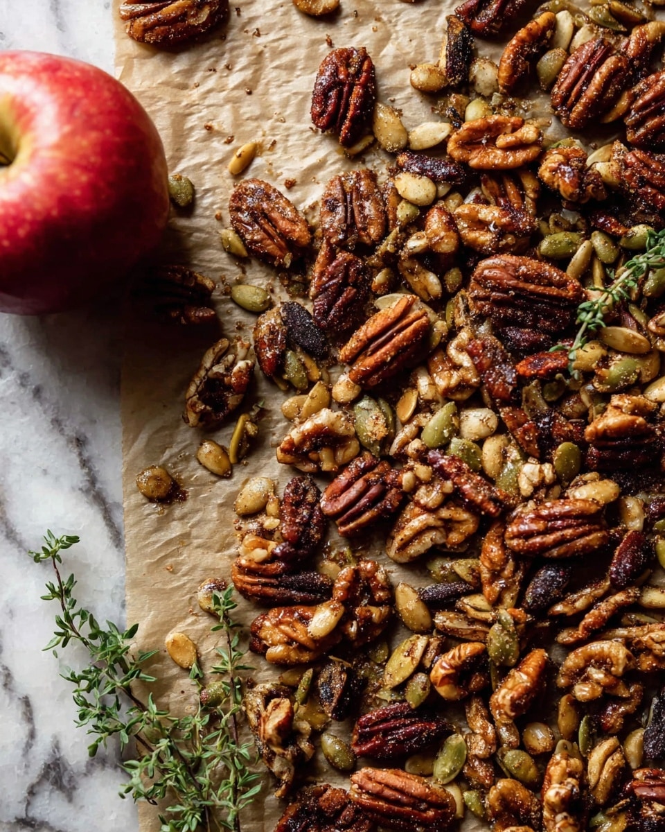The image shows a mix of toasted nuts and seeds spread out on a light brown parchment paper atop a white marbled surface. The mix includes dark toasted pecans and golden pumpkin seeds, both with a slightly shiny, spiced coating that catches the light. A red apple sits on the upper left corner, and small green herb sprigs, possibly thyme, rest on the lower left corner, adding a fresh touch to the scene. photo taken with an iphone --ar 4:5 --v 7