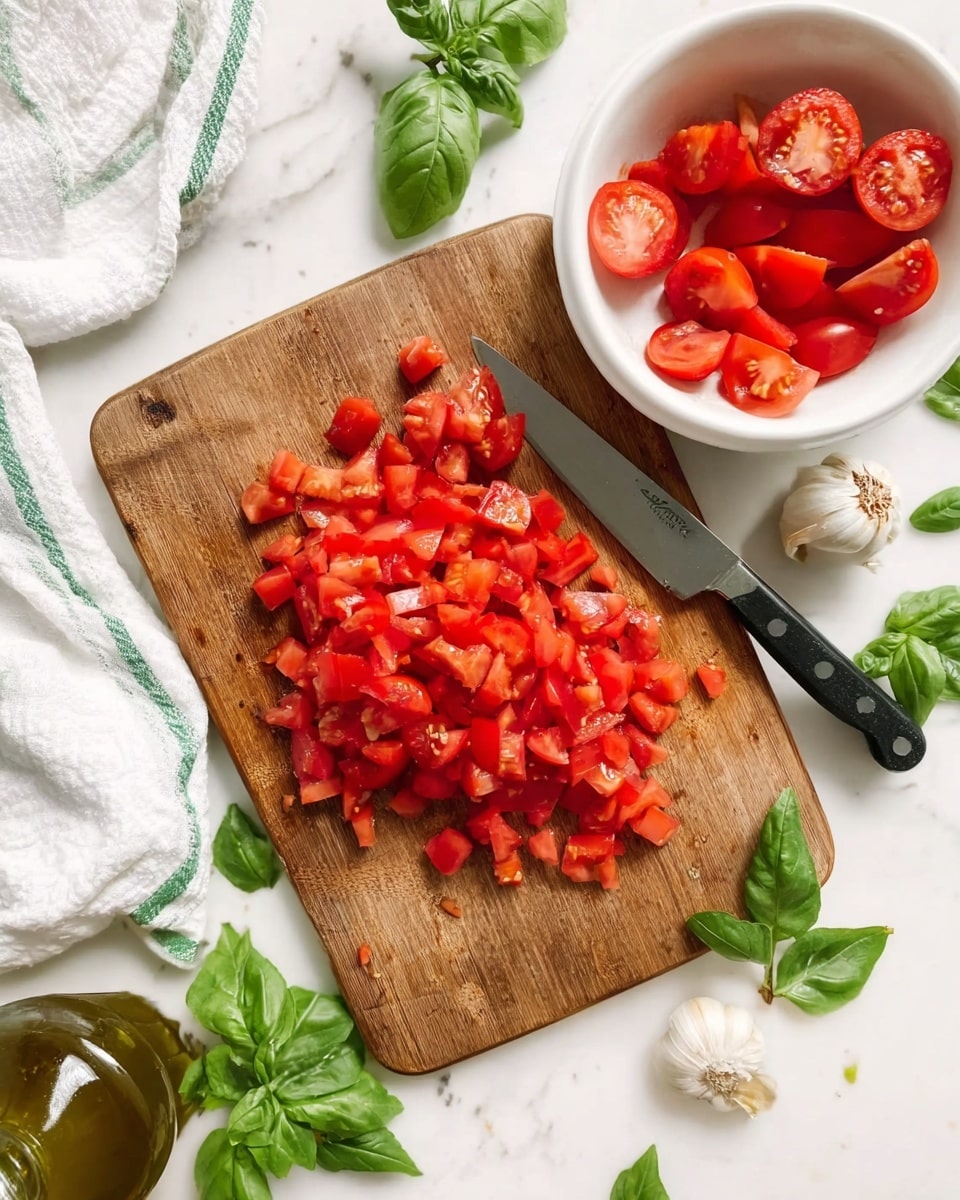 The image shows a wooden cutting board with bright red chopped tomatoes scattered across its surface, including some halved tomatoes on top. The cutting board is placed on a white marbled surface. To the right of the board, there is a white bowl filled with more chopped tomatoes. Around the board, fresh green basil leaves are scattered, along with a whole bulb of garlic and a knife with a black handle resting on the surface near the bottom of the board. A glass bottle with some liquid inside, possibly oil, is partially visible at the bottom left, and a white cloth with green stripes is draped in the top left corner. Photo taken with an iphone --ar 4:5 --v 7